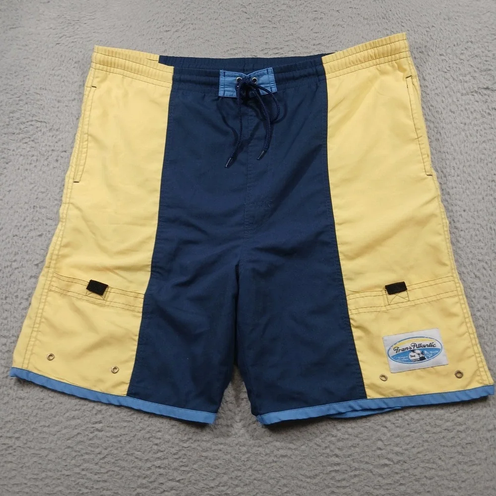Planks TransAtlantic Colorblock Vintage Swim Trunks Men's L Blue Yellow‎ EUC